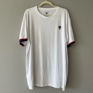 Madchuck Men’s White pima Cotton Tee with red and blue sleeves. Monkey logo